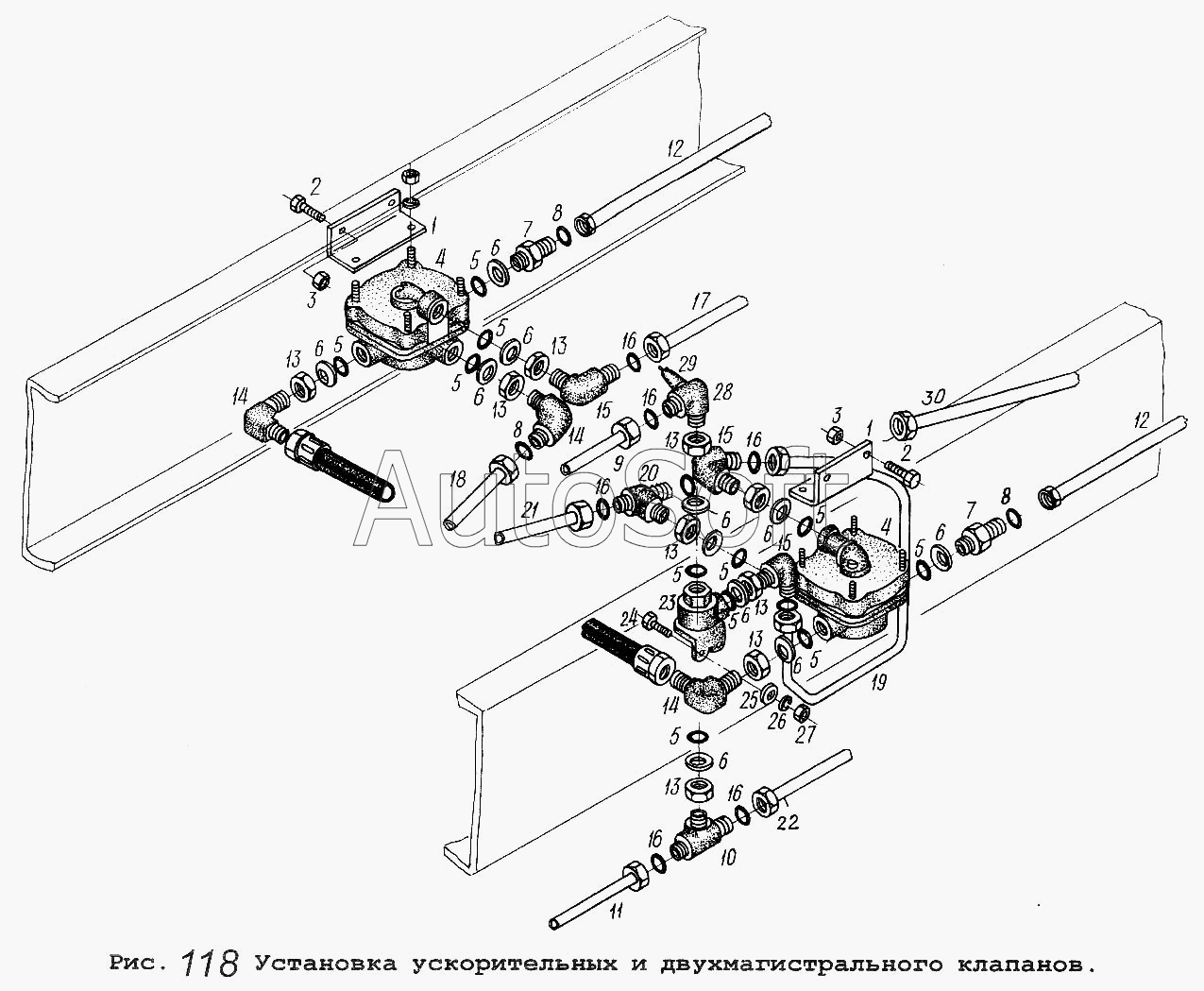 Чертеж Установка ускорительных и двухмагистрального клапанов